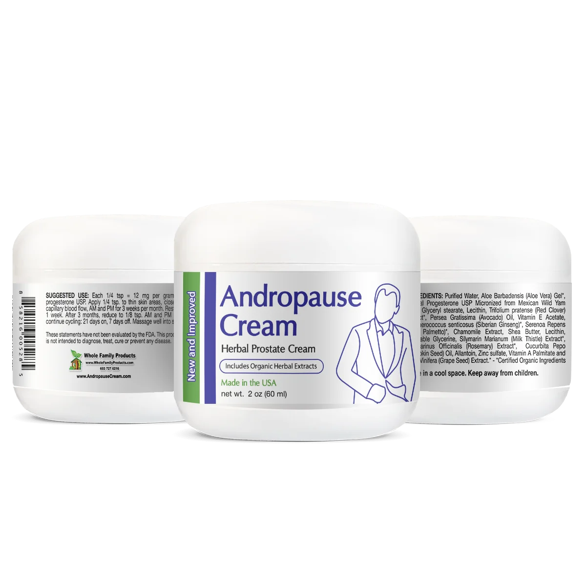 Andropause Cream Prostate 2 oz Jar New - 3 Sides View